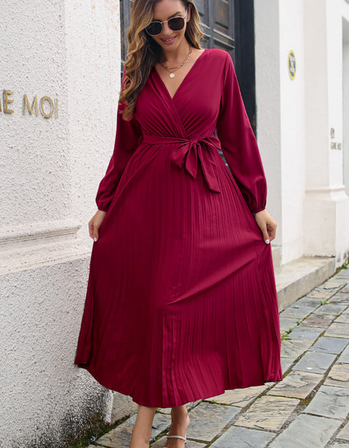 Load image into Gallery viewer, Pleated Long Sleeve Surplice Maxi Dress
