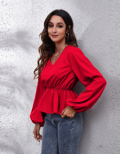 Load image into Gallery viewer, V-Neck Balloon Sleeve Peplum Blouse
