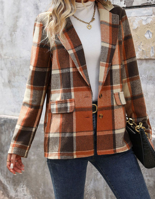 Load image into Gallery viewer, Perfee Plaid Button Down Lapel Collar Blazer
