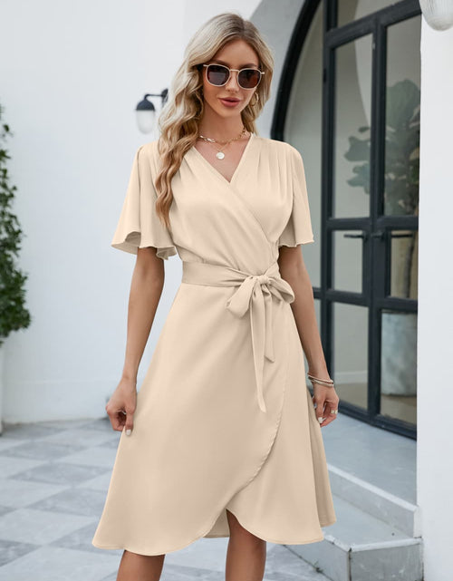 Load image into Gallery viewer, Tie Waist Flutter Sleeve Surplice Dress

