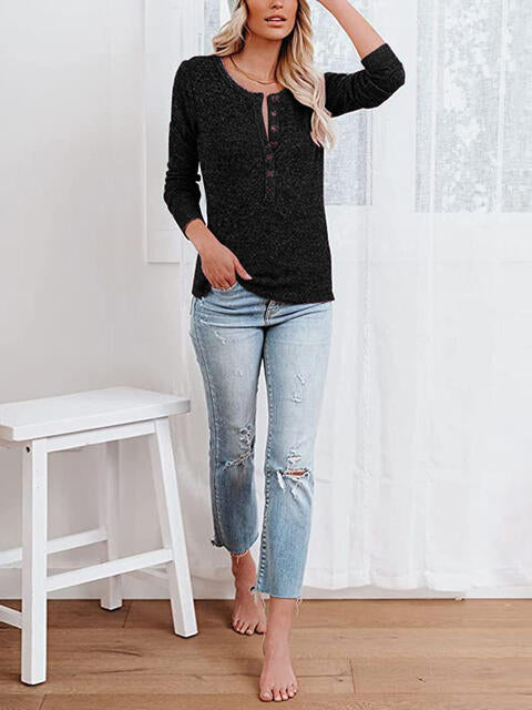 Load image into Gallery viewer, Round Neck Buttoned Long Sleeve T-Shirt
