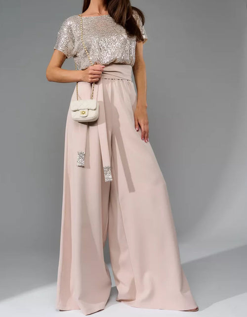 Load image into Gallery viewer, Full Size Sequin Round Neck Short Sleeve Wide Leg Jumpsuit
