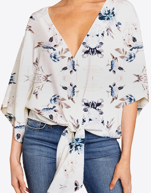 Load image into Gallery viewer, Shiny Printed Deep V Tie Hem Blouse
