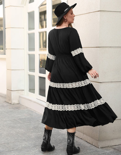 Load image into Gallery viewer, Plus Size Lace Detail V-Neck Long Sleeve Midi Dress
