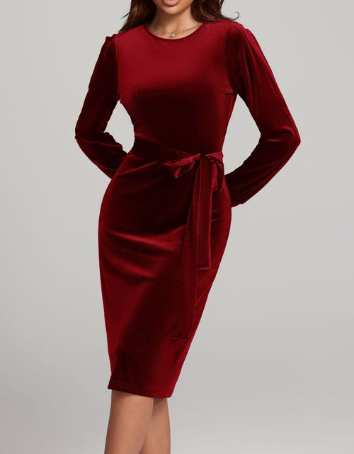 Load image into Gallery viewer, Round Neck Tie Waist Long Sleeve Velvet Dress
