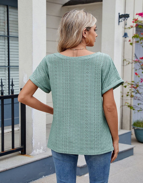 Load image into Gallery viewer, Eyelet Round Neck Short Sleeve Top
