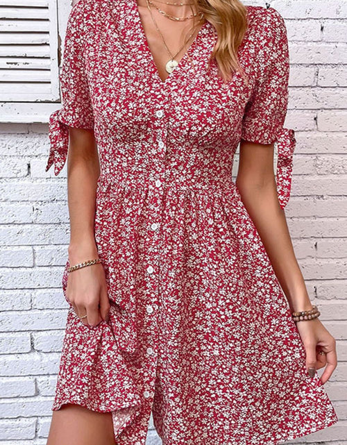 Load image into Gallery viewer, Perfee Ditsy Floral Tied Puff Sleeve Button Front Dress
