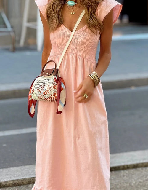 Load image into Gallery viewer, V Neck Ruffled Cap Sleeve Smocked Maxi Dress
