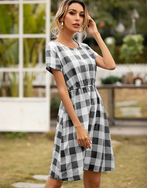 Load image into Gallery viewer, Ivy Lane Smocked Plaid Round Neck Short Sleeve Dress

