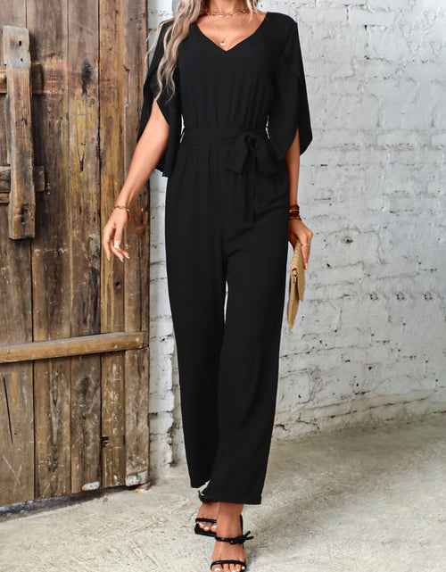 Load image into Gallery viewer, Tied V-Neck Half Sleeve Wide Leg Jumpsuit
