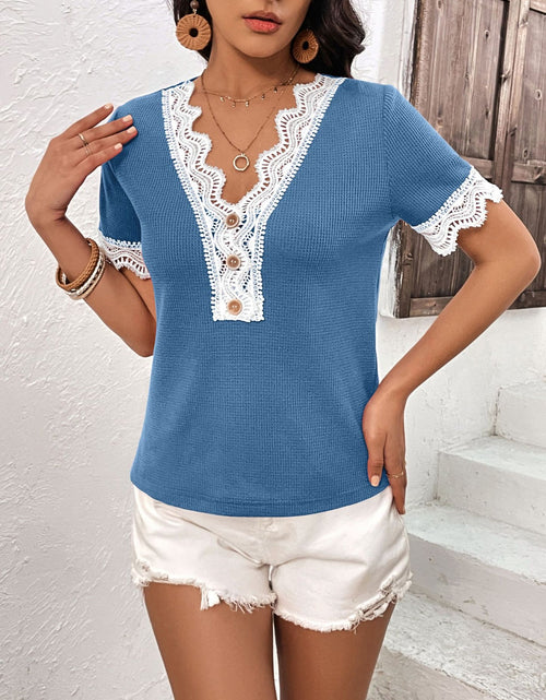 Load image into Gallery viewer, Ivy Lane Lace Detail V-Neck Short Sleeve T-Shirt
