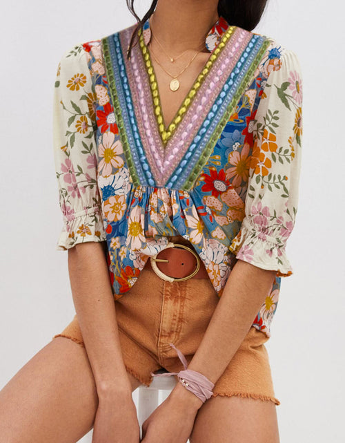 Load image into Gallery viewer, Multicolour V Neck Half Sleeve Boho Floral Blouse
