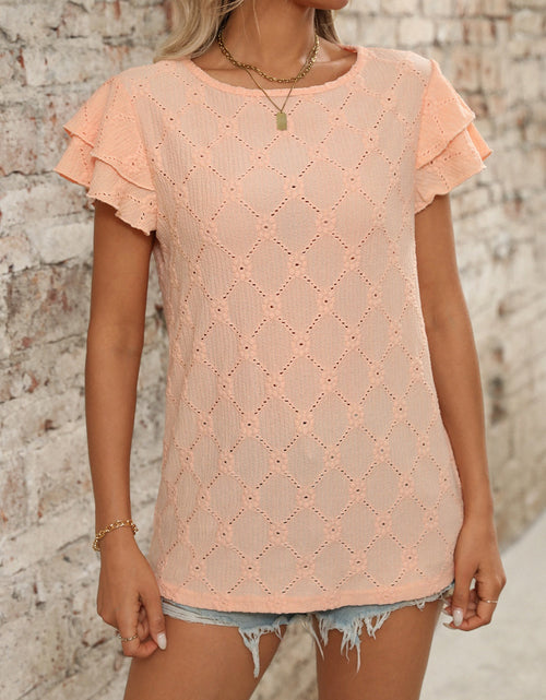Load image into Gallery viewer, Eyelet Round Neck Double Layered Ruffled Short Sleeve Top
