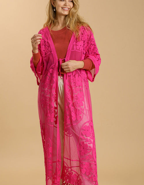 Load image into Gallery viewer, Umgee Full Size Floral Lace Open Front Long Kimono with Waist Tie Plus Size
