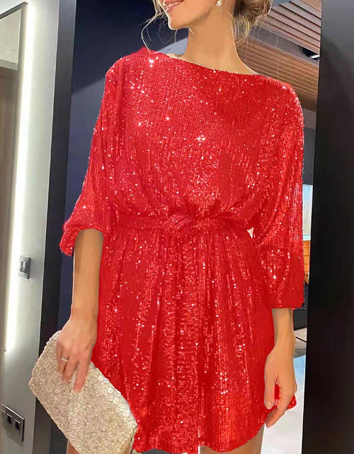 Load image into Gallery viewer, Sequin Tie Waist Long Sleeve Mini Dress
