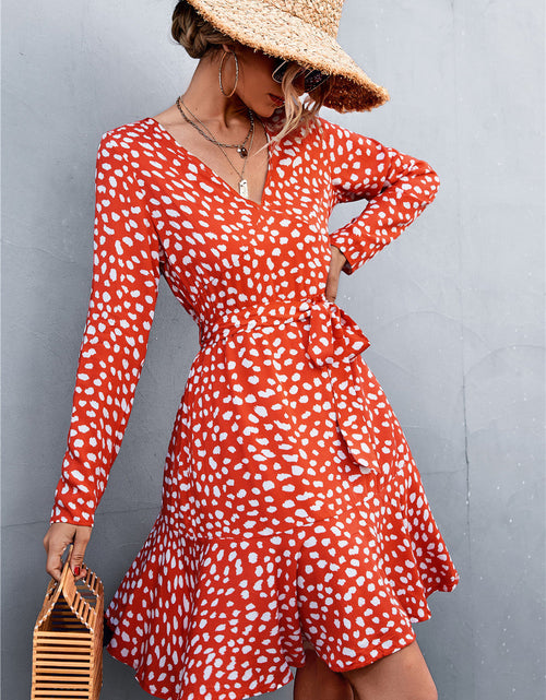 Load image into Gallery viewer, Printed V-Neck Tie Belt Ruffle Hem Mini Dress
