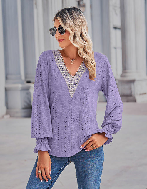 Load image into Gallery viewer, V-Neck Eyelet Flounce Sleeve Blouse
