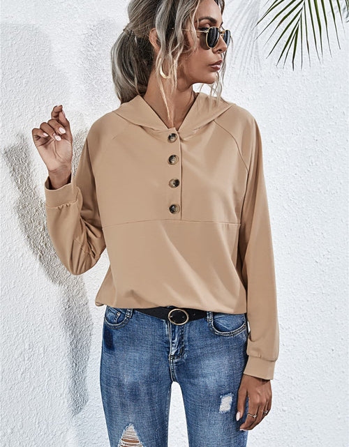 Load image into Gallery viewer, Buttoned Raglan Sleeve Hooded Blouse
