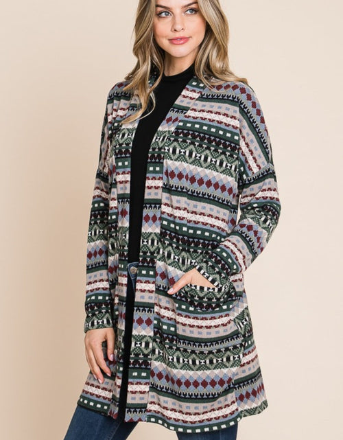 Load image into Gallery viewer, BOMBOM Geometric Open Front Long Sleeve Cardigan with Pockets
