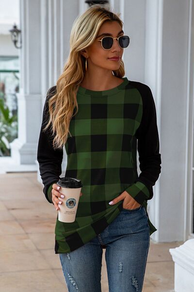 Load image into Gallery viewer, Plaid Round Neck Long Sleeve T-Shirt
