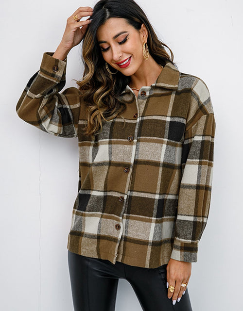 Load image into Gallery viewer, Shiny Plaid Button Up Collared Neck Jacket
