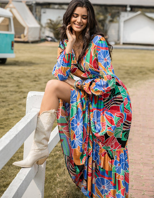 Load image into Gallery viewer, Printed Smocked Tie Neck Balloon Sleeve Maxi Dress

