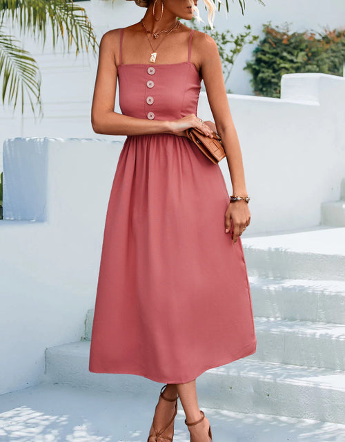 Load image into Gallery viewer, Decorative Button Spaghetti Strap Midi Dress
