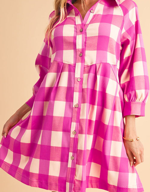 Load image into Gallery viewer, Ruched Plaid Three-Quarter Sleeve Shirt Dress
