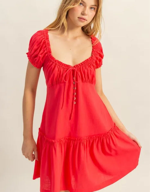 Load image into Gallery viewer, HYFVE Ruched Frill Tiered Short Sleeve Mini Dress
