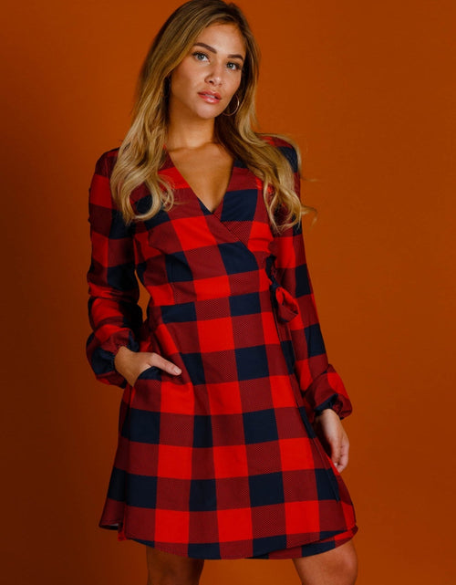 Load image into Gallery viewer, The Red &amp; Black Lumberjack | Red Buffalo Check Christmas Wrap Dress by Shinesty
