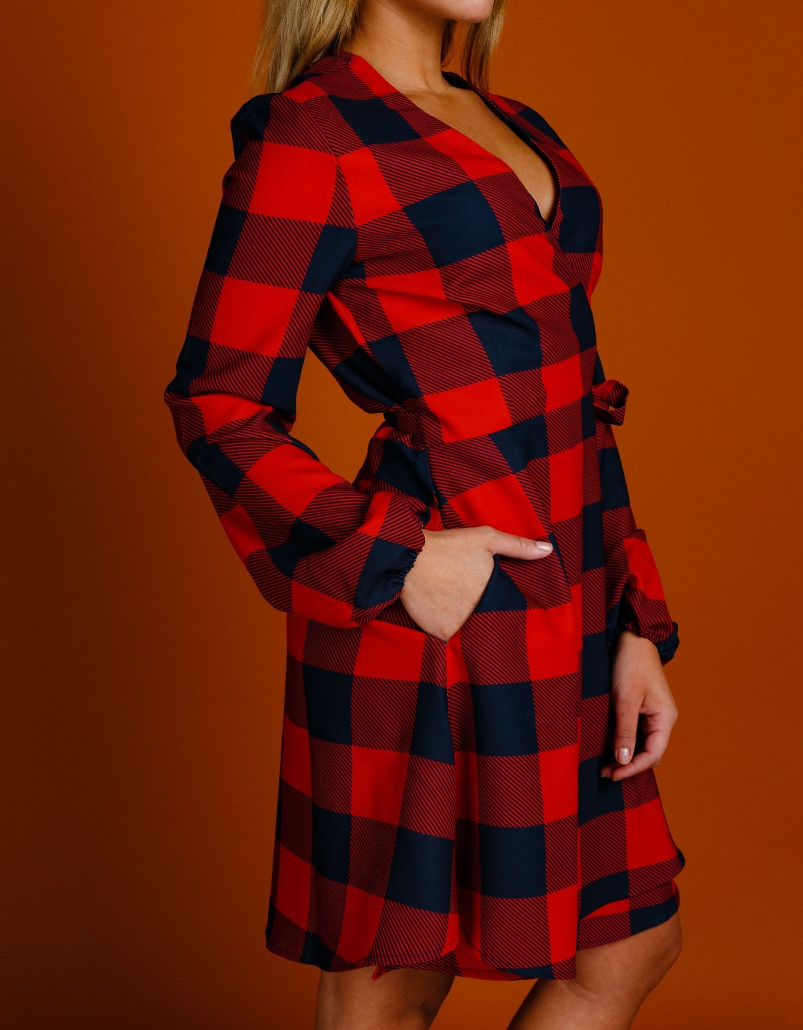 The Red & Black Lumberjack | Red Buffalo Check Christmas Wrap Dress by Shinesty