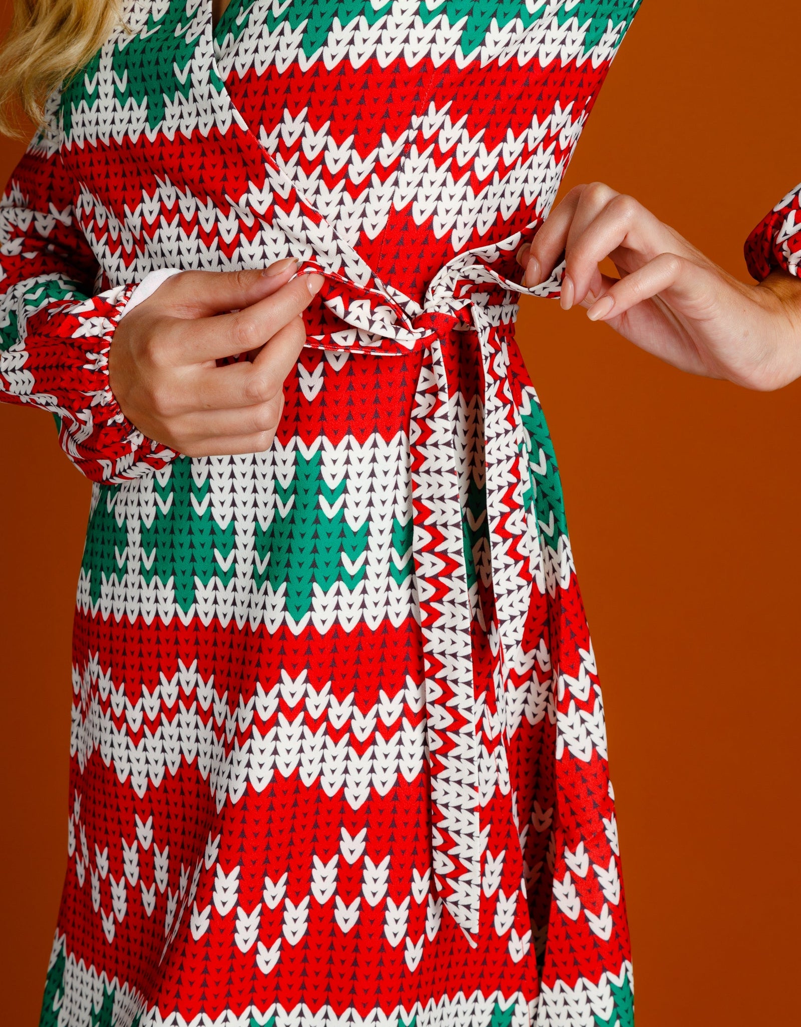 The Red Ryder | Knit Print Christmas Wrap Dress by Shinesty