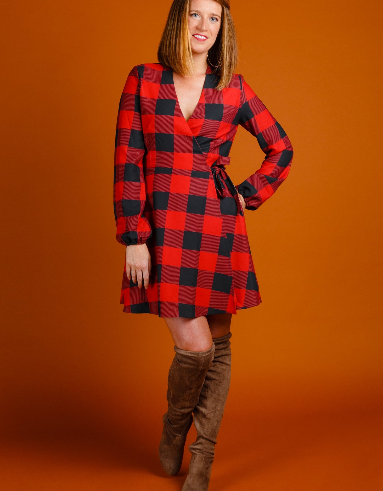 The Red & Black Lumberjack | Red Buffalo Check Christmas Wrap Dress by Shinesty