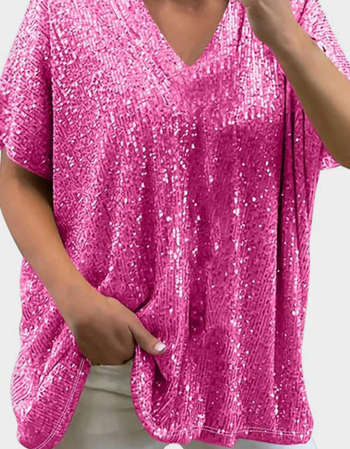 Load image into Gallery viewer, Full Size Sequin V-Neck Short Sleeve Top
