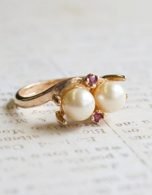 Load image into Gallery viewer, Vintage Pearl Beads with Genuine Ruby Accents 18k Gold Electroplated Ring Made in USA by PVD Vintage Jewelry
