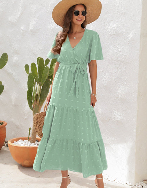 Load image into Gallery viewer, Swiss Dot Tied Surplice Short Sleeve Dress
