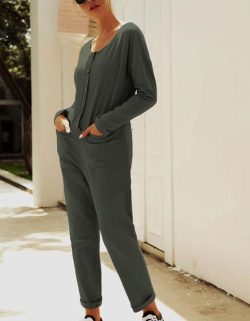 Load image into Gallery viewer, Buttoned Drop Shoulder Pocket Jumpsuit
