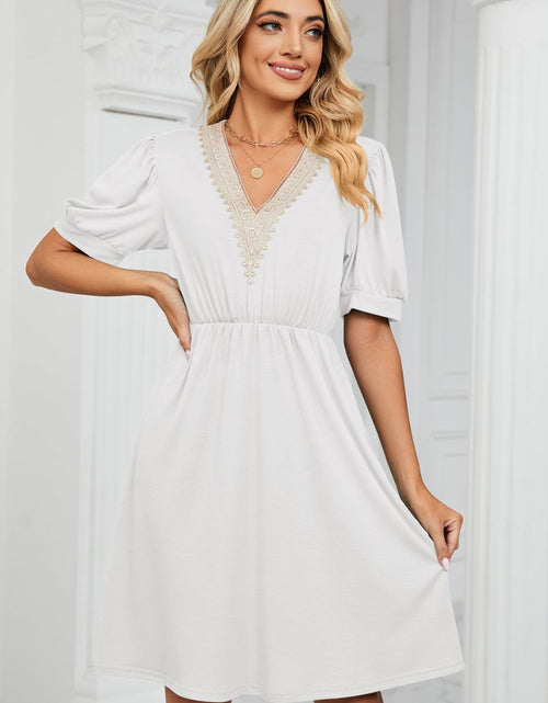 Load image into Gallery viewer, Contrast V-Neck Puff Sleeve Pocket Dress
