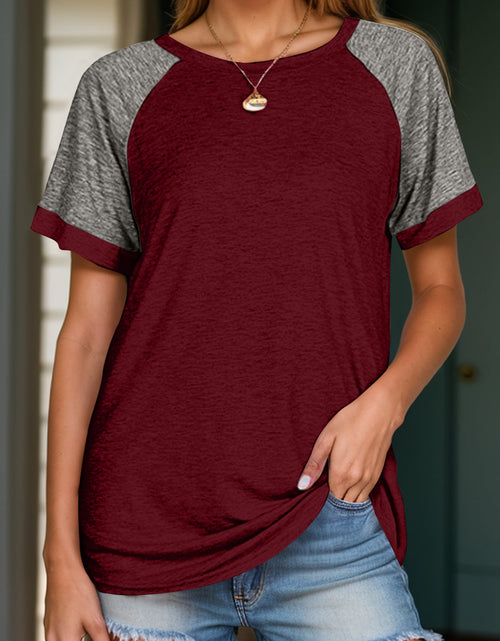 Load image into Gallery viewer, Full Size Contrast Round Neck Short Sleeve T-Shirt
