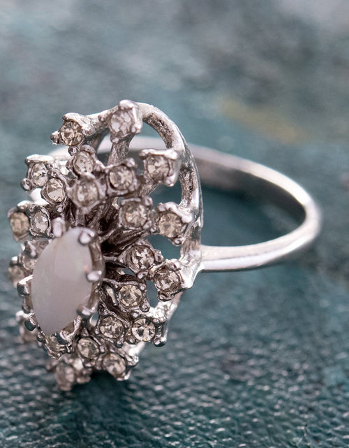 Load image into Gallery viewer, Vintage Ring Genuine Opal with Clear and Ruby Austrian Crystals 18kt Yellow Gold Electroplated by PVD Vintage Jewelry

