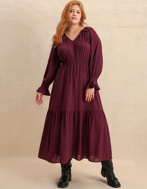 Load image into Gallery viewer, Plus Size Swiss Dot Tie Neck Flounce Sleeve Maxi Dress
