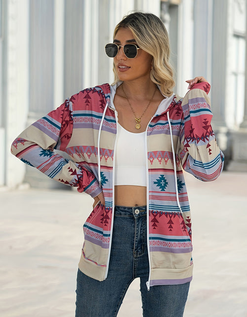 Load image into Gallery viewer, Geometric Zip Up Long Sleeve Hooded Jacket
