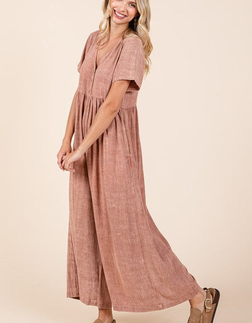 Load image into Gallery viewer, Mittoshop Mineral Wash Short Sleeve Flowy Wide Leg Jumpsuit
