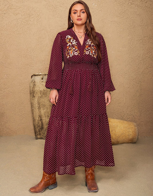 Load image into Gallery viewer, Plus Size Embroidered Polka Dot Tie Neck Long Sleeve Midi Dress
