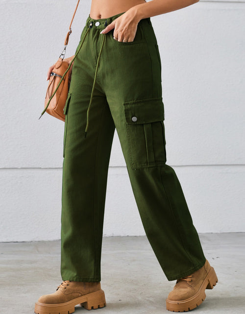 Load image into Gallery viewer, Drawstring Mid-Rise Waist Straight Cargo Jeans

