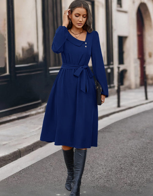 Load image into Gallery viewer, Buttoned Tie Front Long Sleeve Asymmetrical Neck Dress
