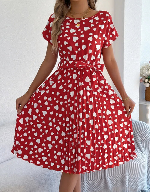 Load image into Gallery viewer, Heart Print Short Sleeve Tie Waist Dress
