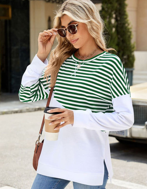 Load image into Gallery viewer, Slit Contrast Striped Long Sleeve Sweatshirt
