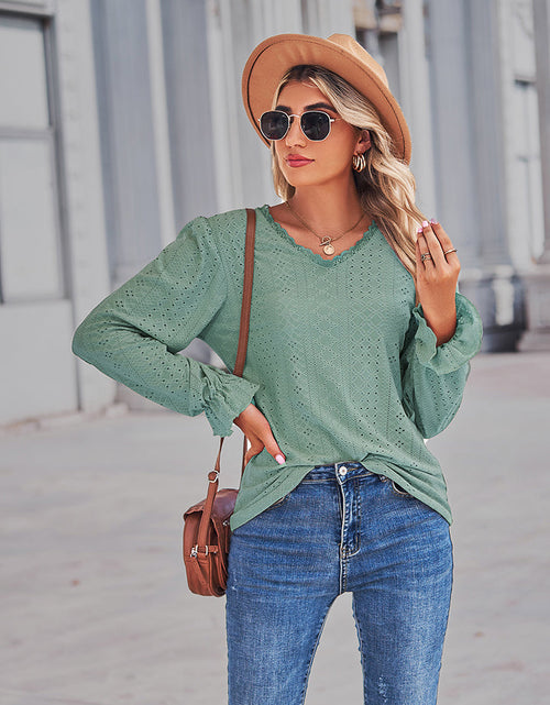 Load image into Gallery viewer, Eyelet V-Neck Flounce Sleeve Blouse
