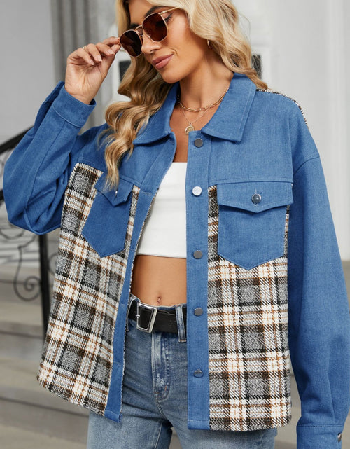 Load image into Gallery viewer, Plaid Button Up Long Sleeve Denim Jacket
